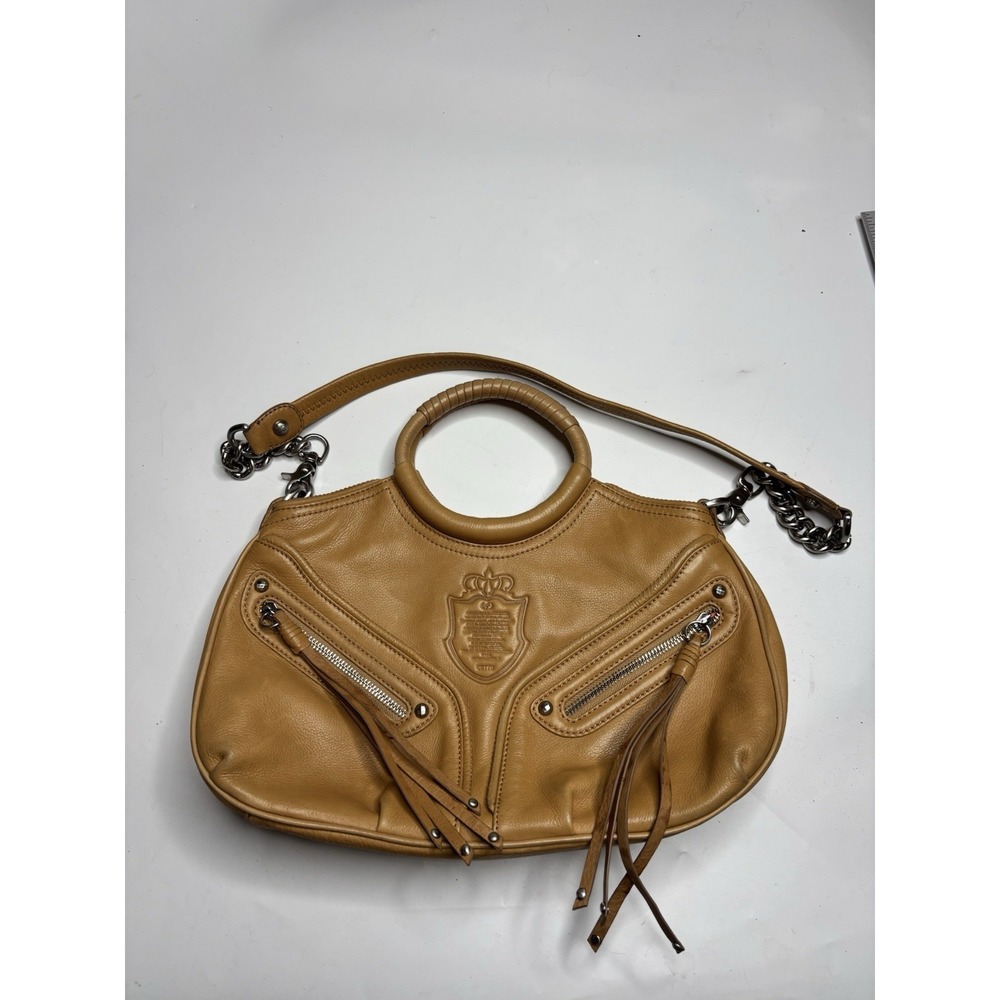 CETTU Tan Pebble Leather Chain Embossed Crest Emblem Shoulder Bag Western Boho